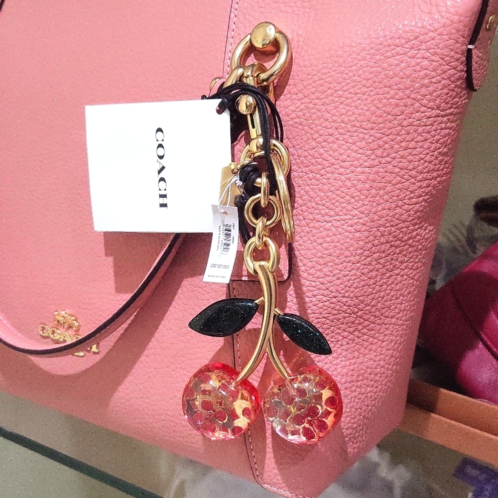 New! Coach Signature Cherry 🍒 Bag Charm in Gold/Pink Multi *Qty. 1*